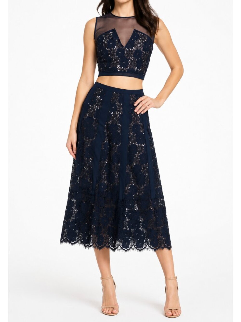 Foxiedox Antiqua Blue Two-Piece Floral Lace Dress Wedding Guest 2-Piece Cropped